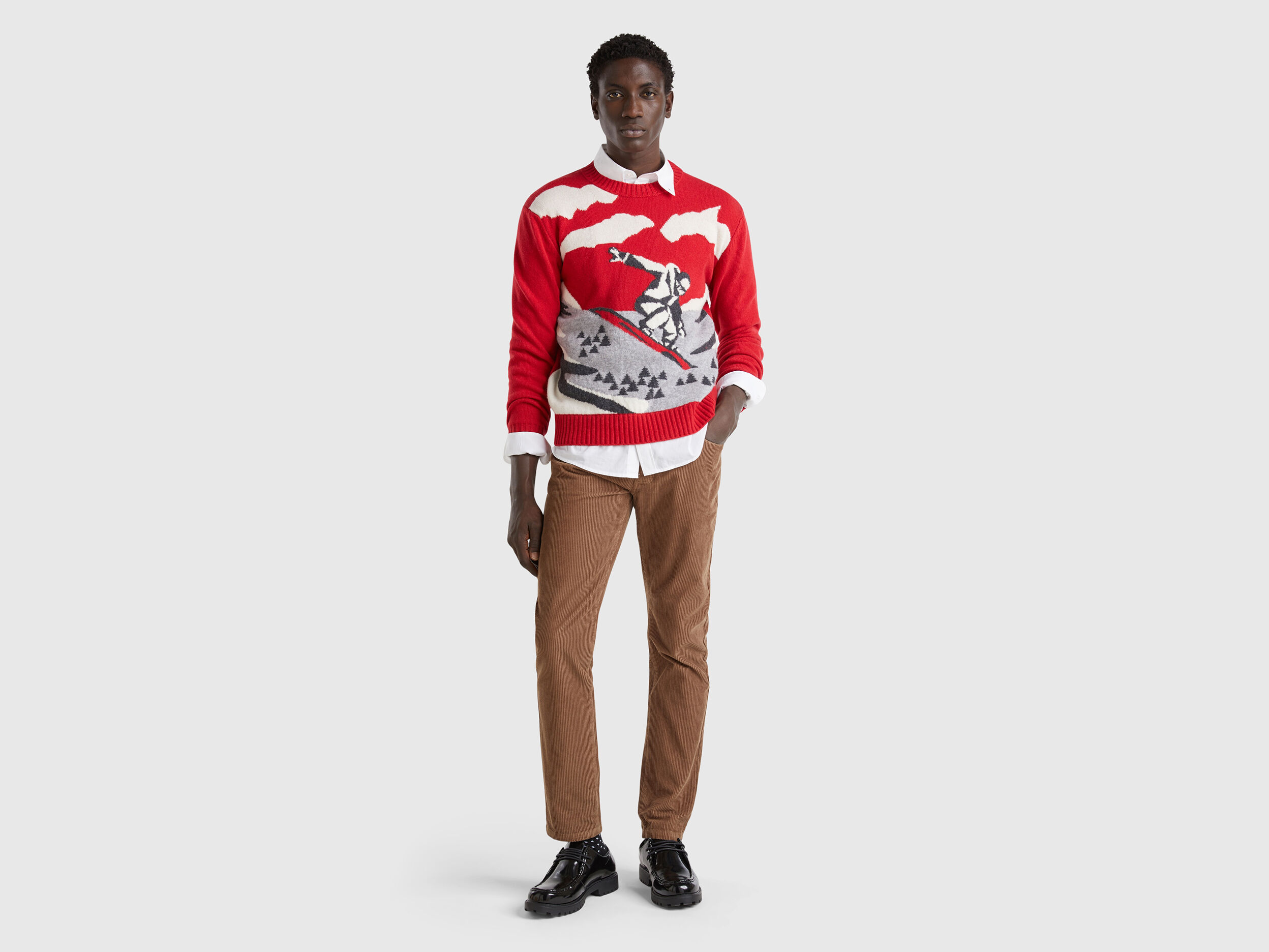 Sweater with ski graphic - Red | Benetton