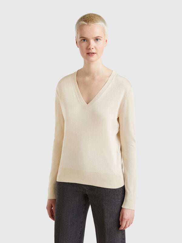 Jersey con cuello de pico en mezcla de seda Mujer