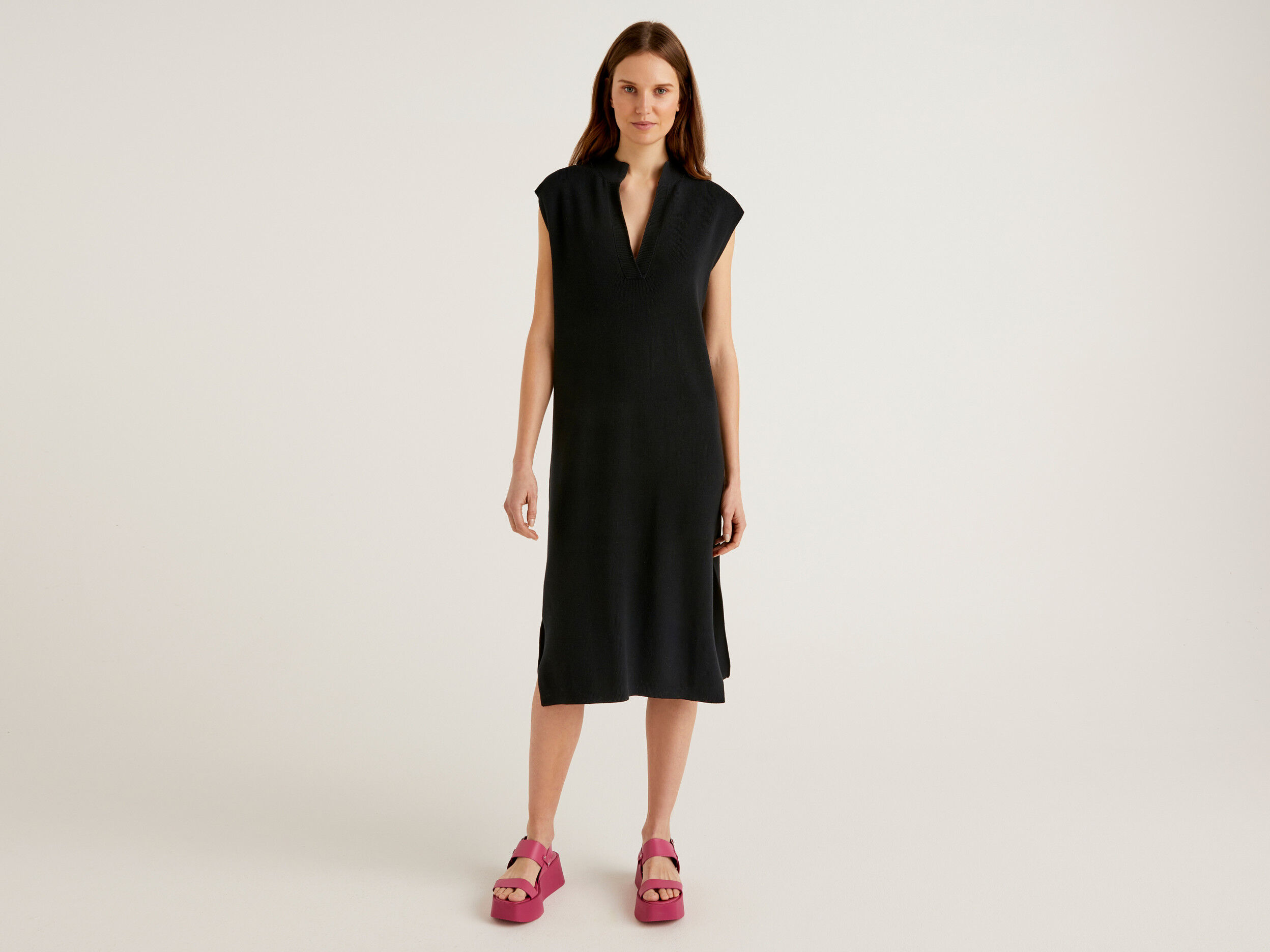Midi knit dress in 100 cotton Black Benetton