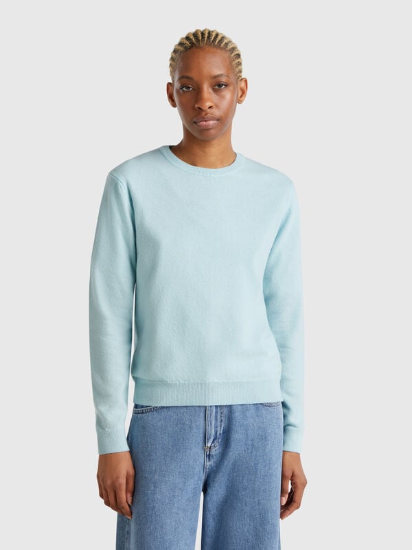 Jersey de cuello redondo turquesa de lana merina Mujer