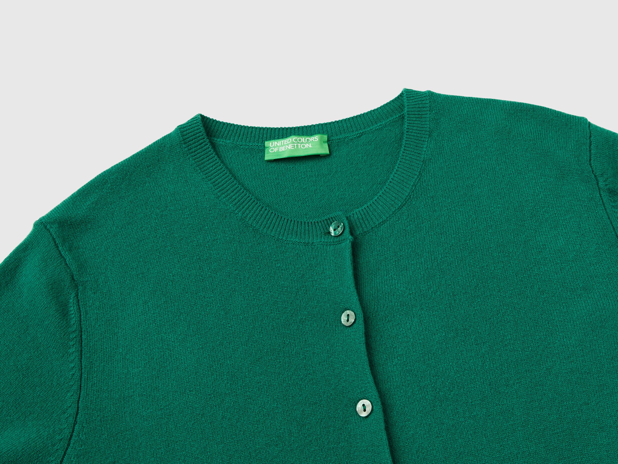 Forest green crew neck cardigan in pure Merino wool - Dark