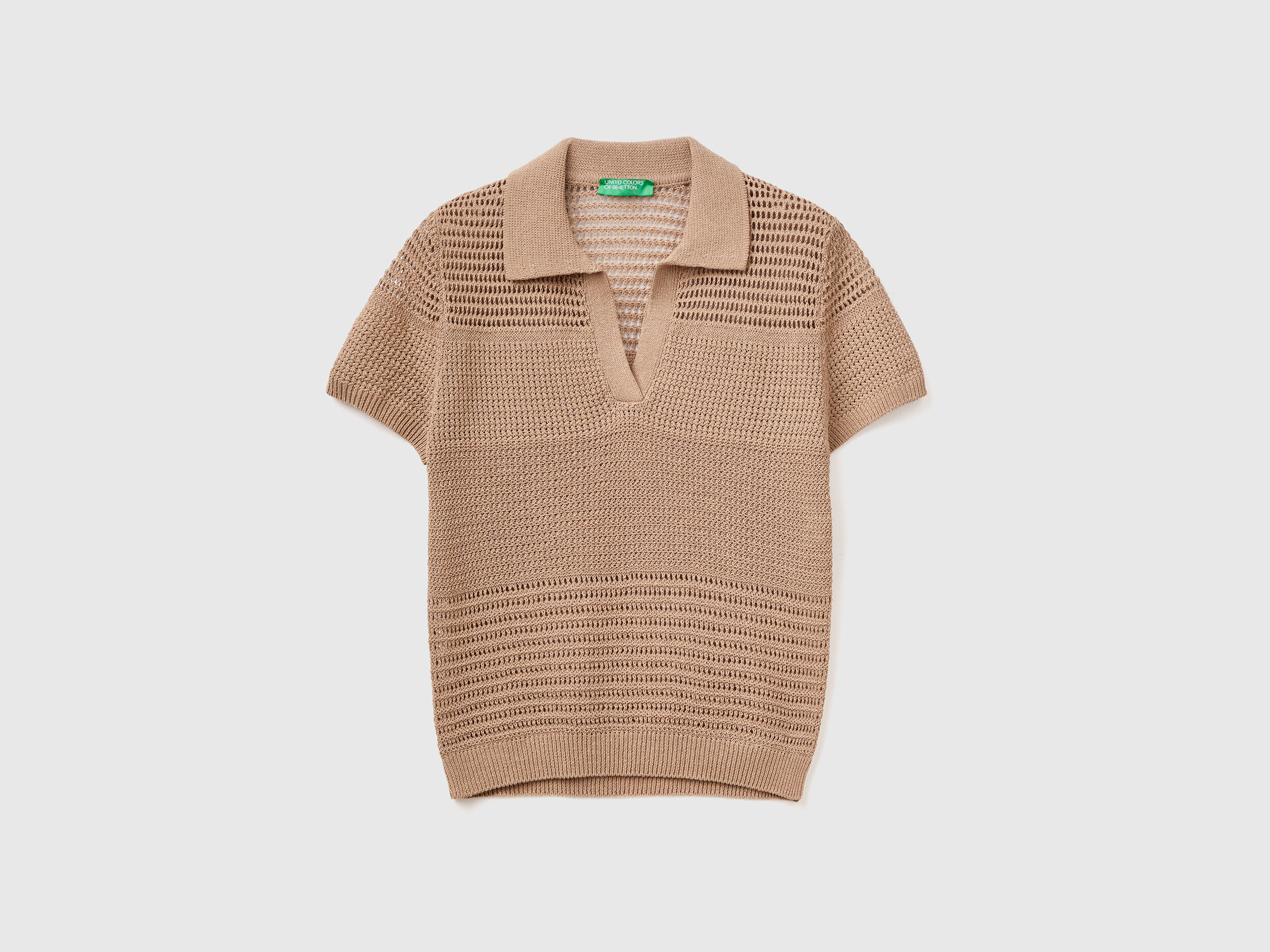 Knit polo with open-knit motifs - Brown | Benetton