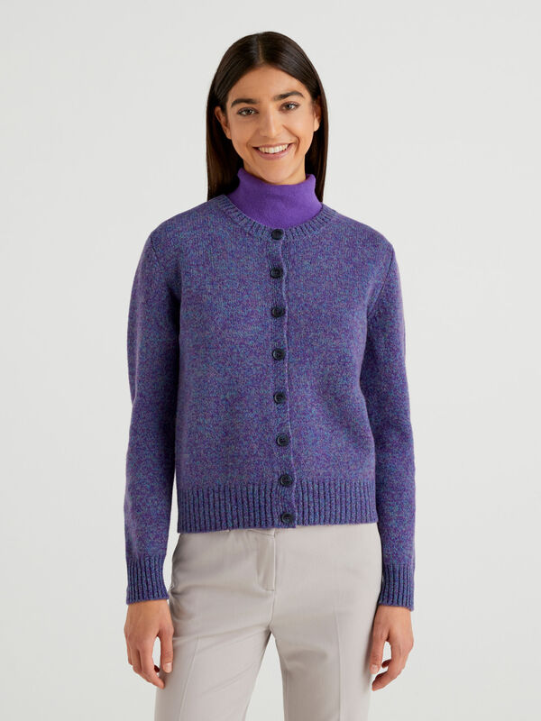 Ladies V-Neck Shetland Wool Cardigan - Denim Blue