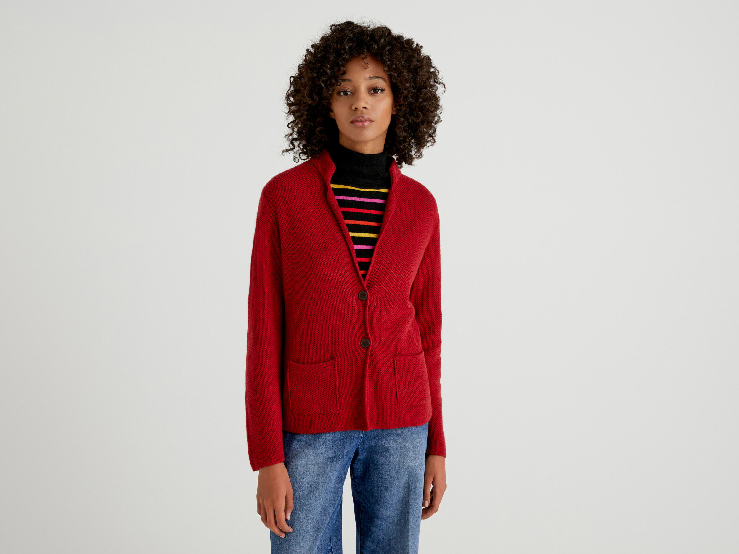 Knit jacket in wool and cashmere blend Burgundy Benetton