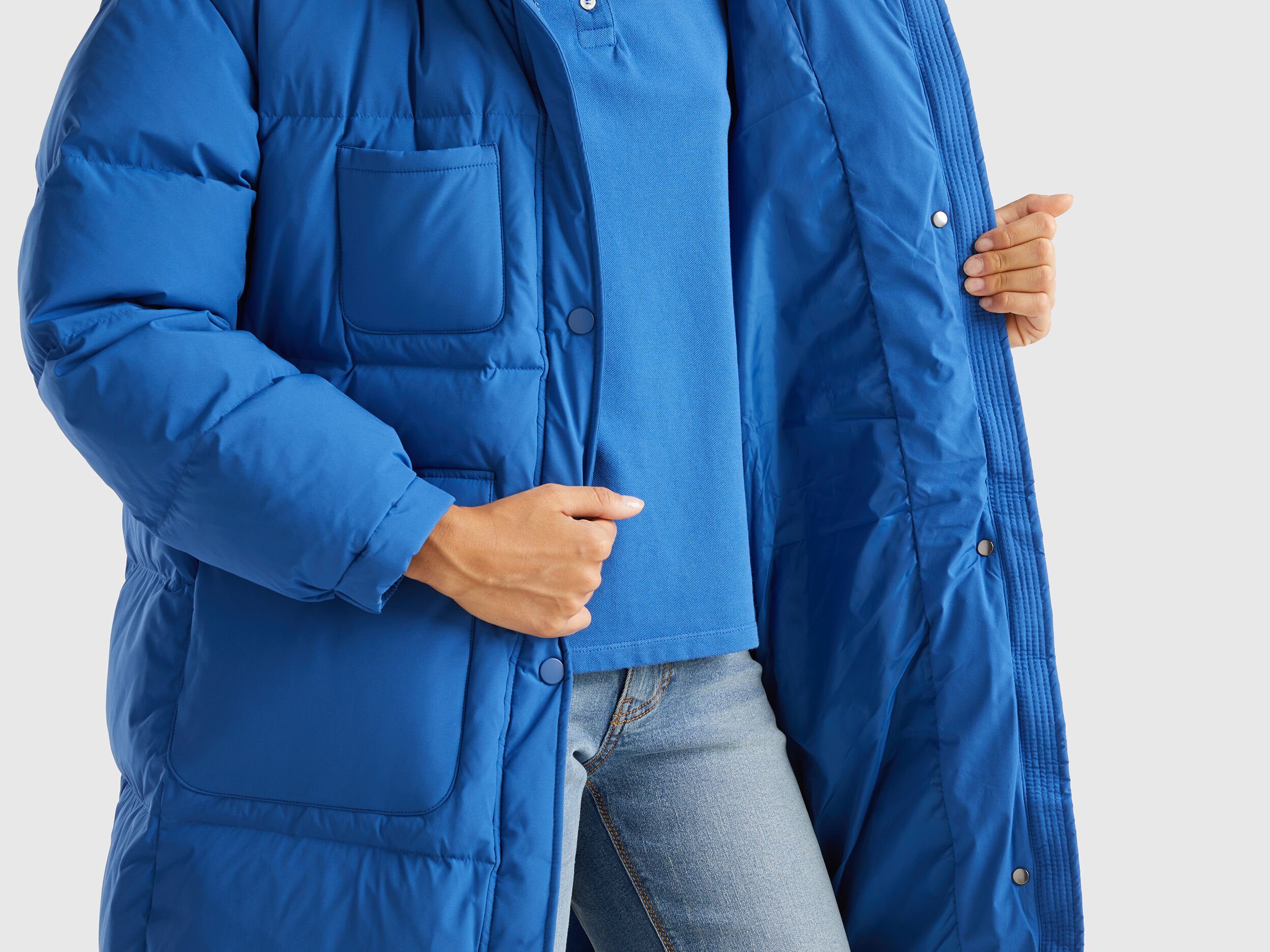 Long puffer jacket with recycled feathers Air Force Blue Benetton