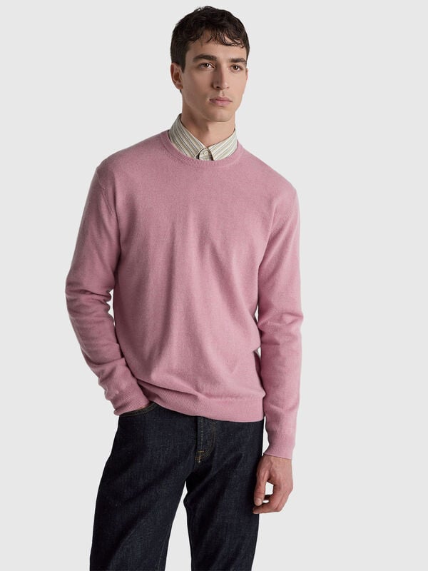 Suéter de cuello redondo en color rosa jaspeado de pura lana merino Hombre