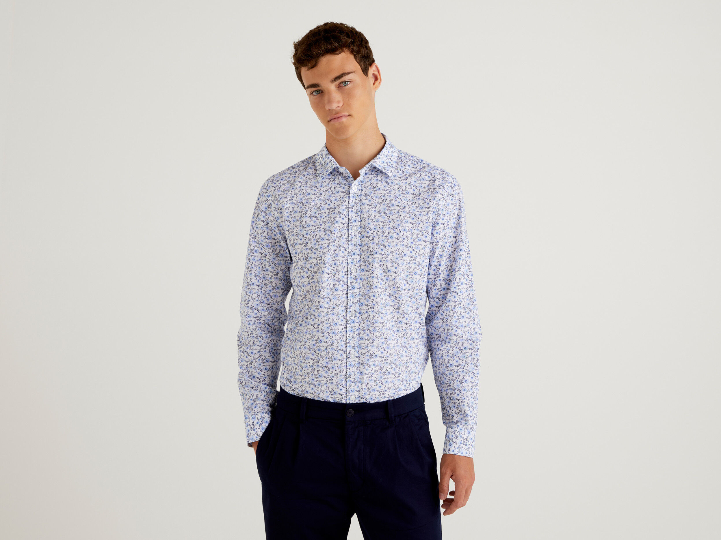 Slim fit patterned shirt Light Blue Benetton