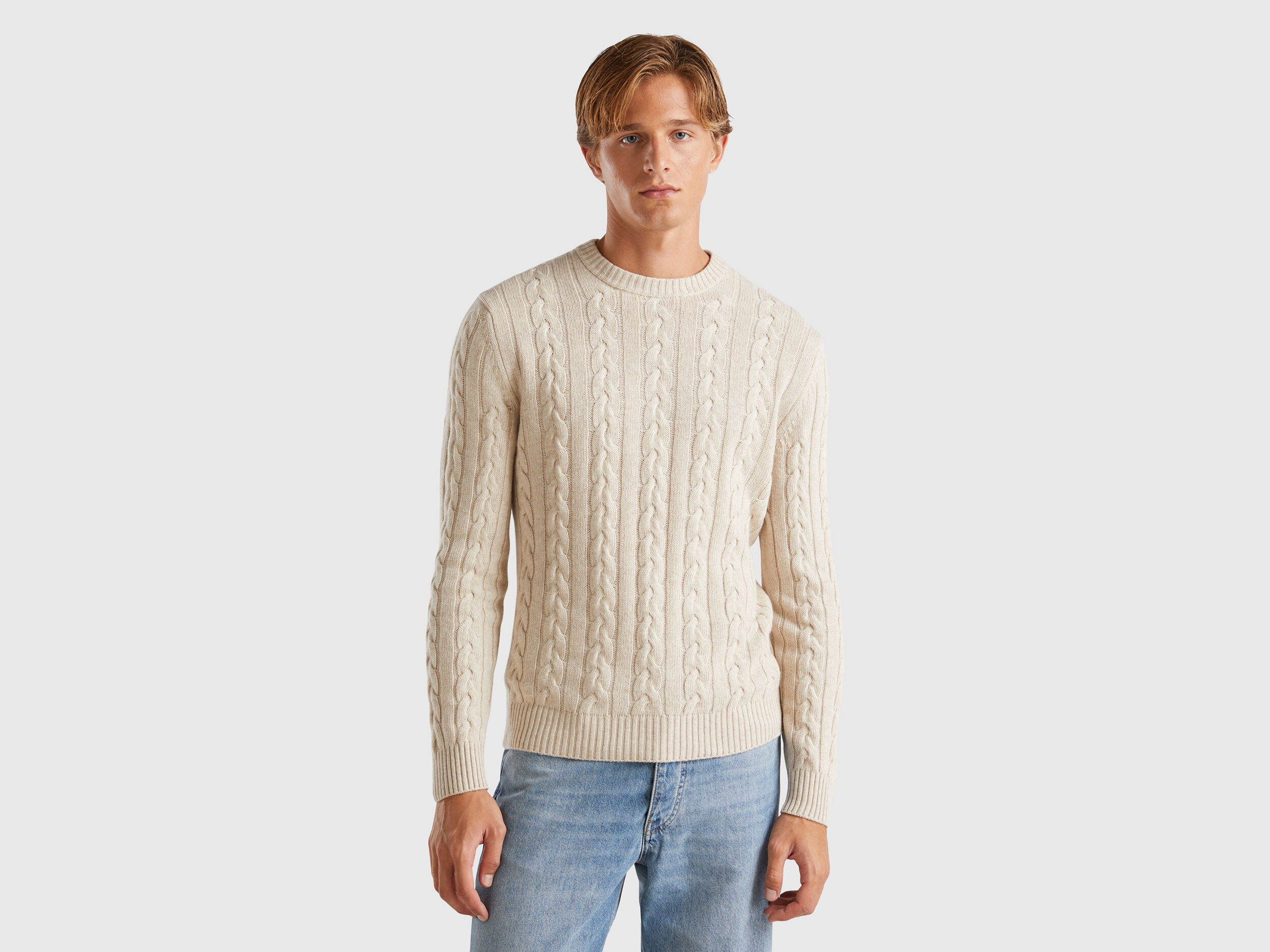 Cable knit sweater in cashmere blend - Creamy White | Benetton
