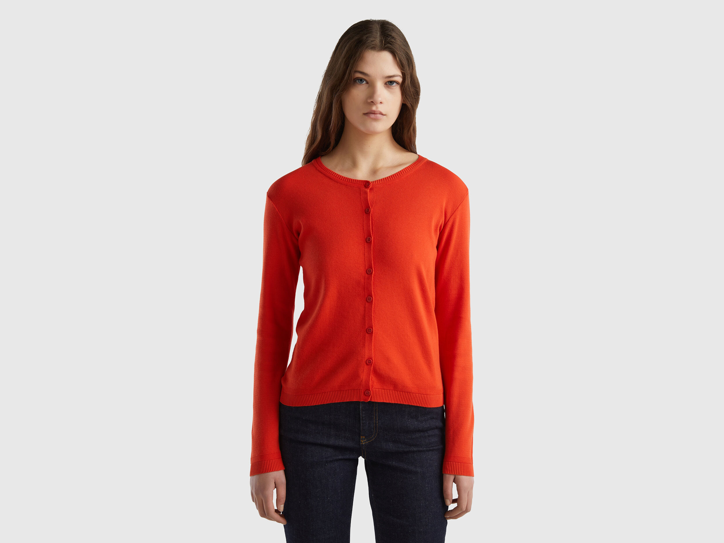 Crew neck cardigan in pure cotton Red Benetton