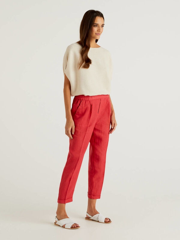 Cropped trousers in pure linen Women