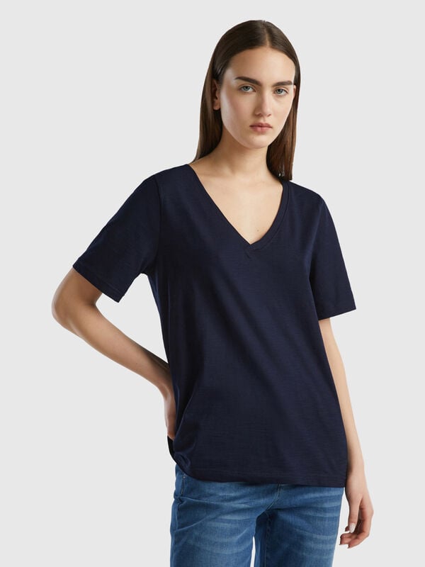 Camiseta de algodón flameado con escote de pico Mujer