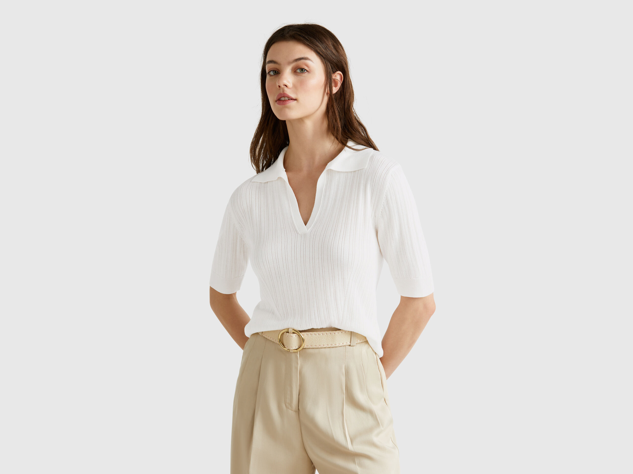Short sleeve knit polo - White | Benetton