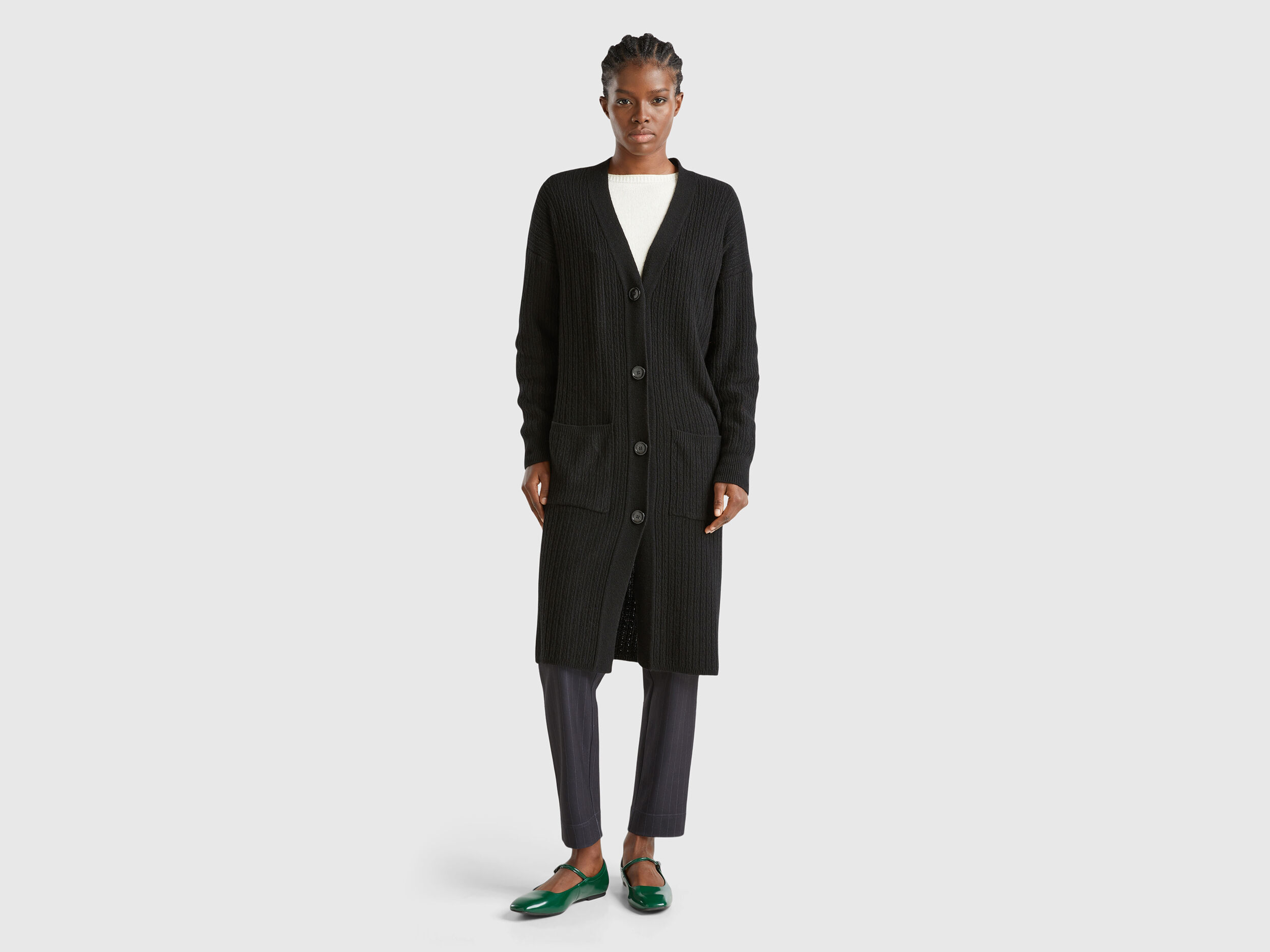 Long cardigan in wool blend - Black | Benetton