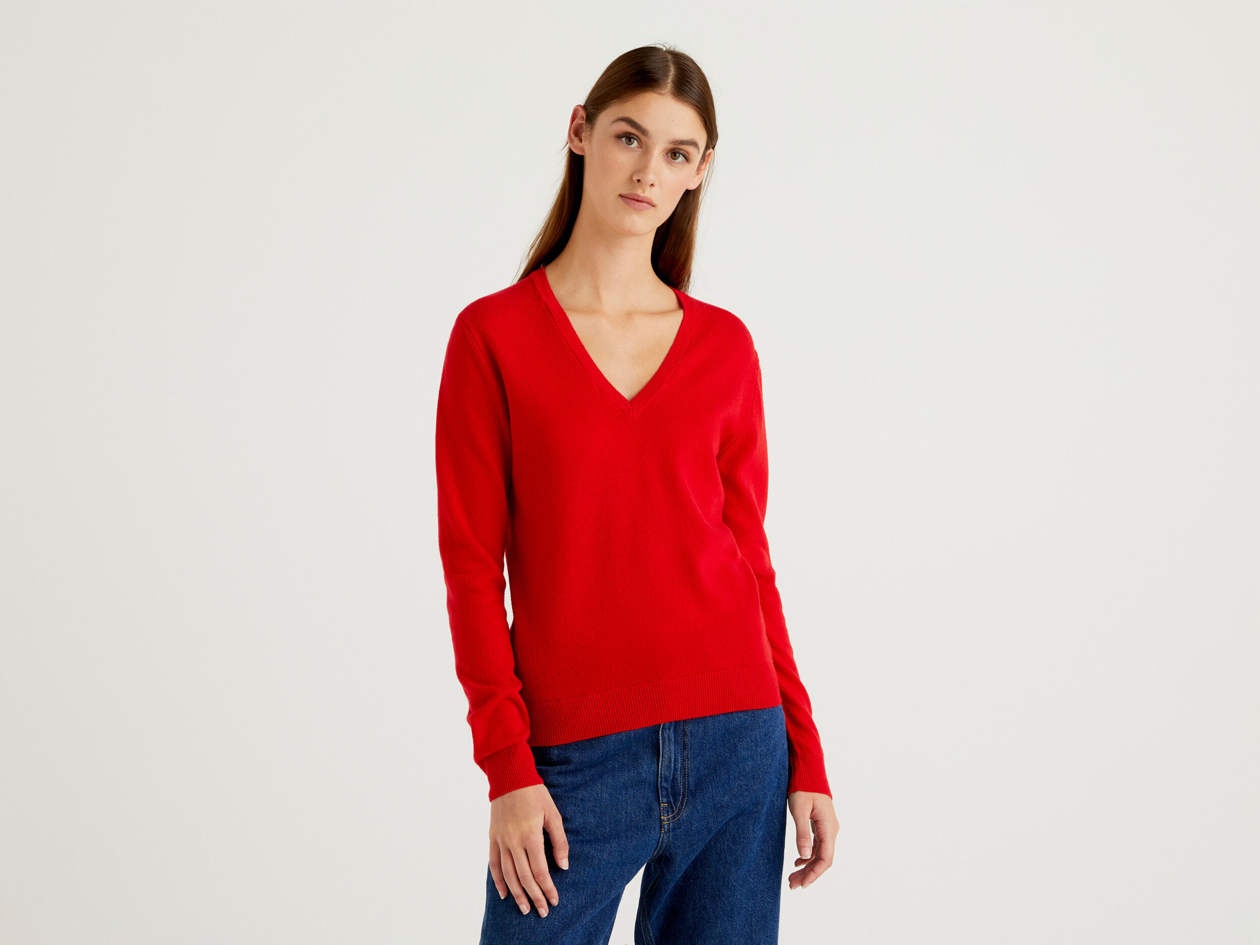 Red V neck sweater in pure Merino wool Red Benetton