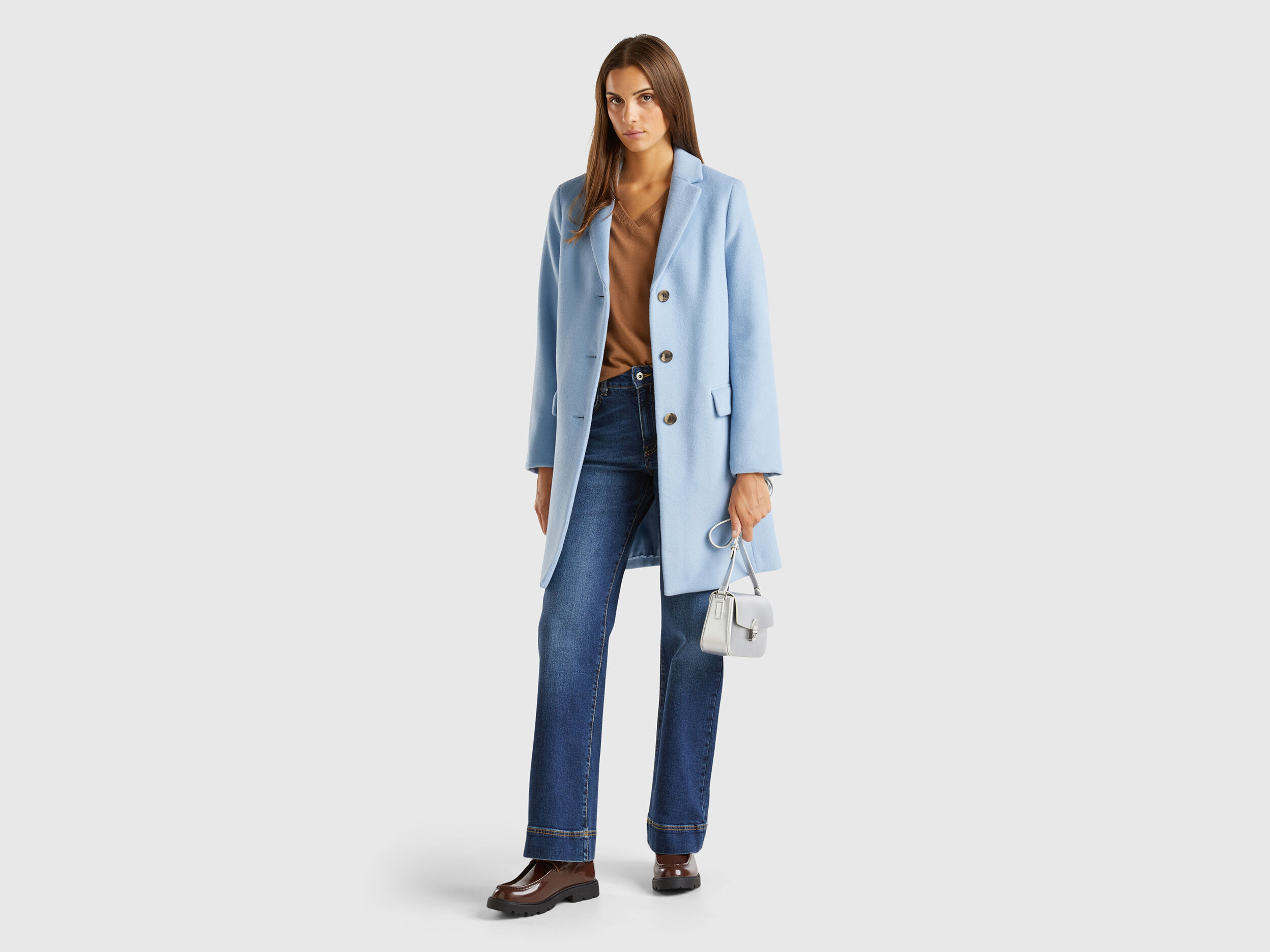 Short coat in wool blend cloth - Light Blue | Benetton Short coat in wool blend cloth - Light Blue | Benetton