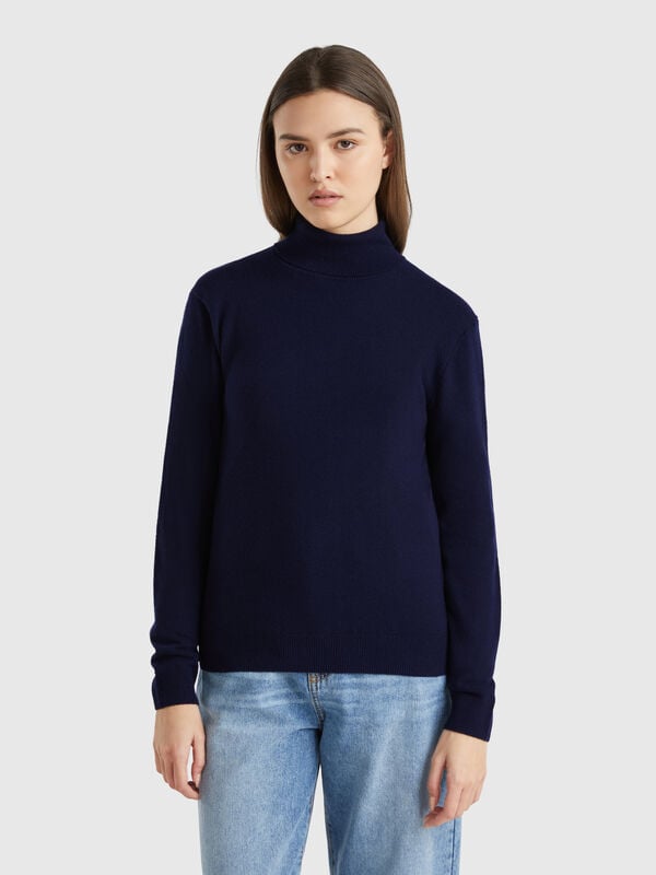 Jersey de cuello cisne azul noche de pura lana merina Mujer