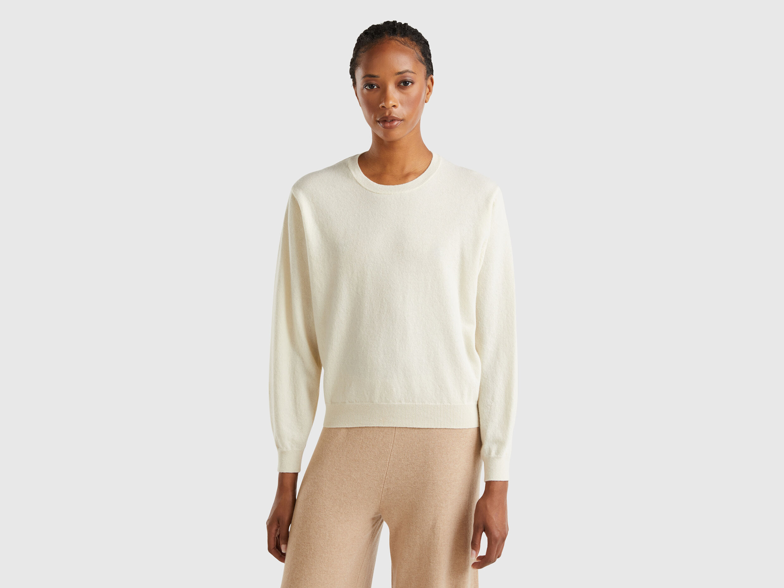 Relaxed fit pure Merino wool sweater Creamy White Benetton