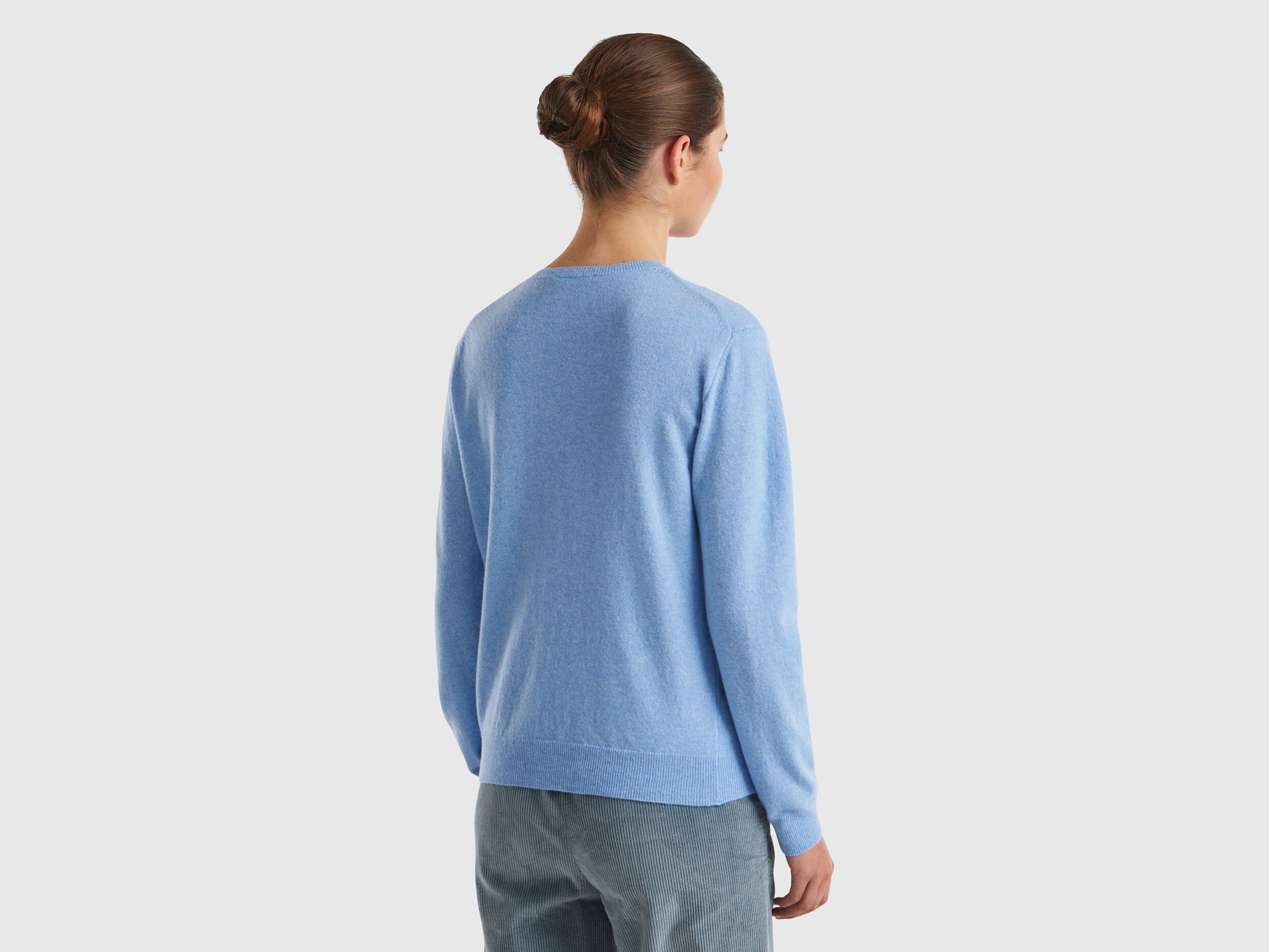 Marl sky blue crew neck cardigan in pure Merino wool Light Blue Benetton