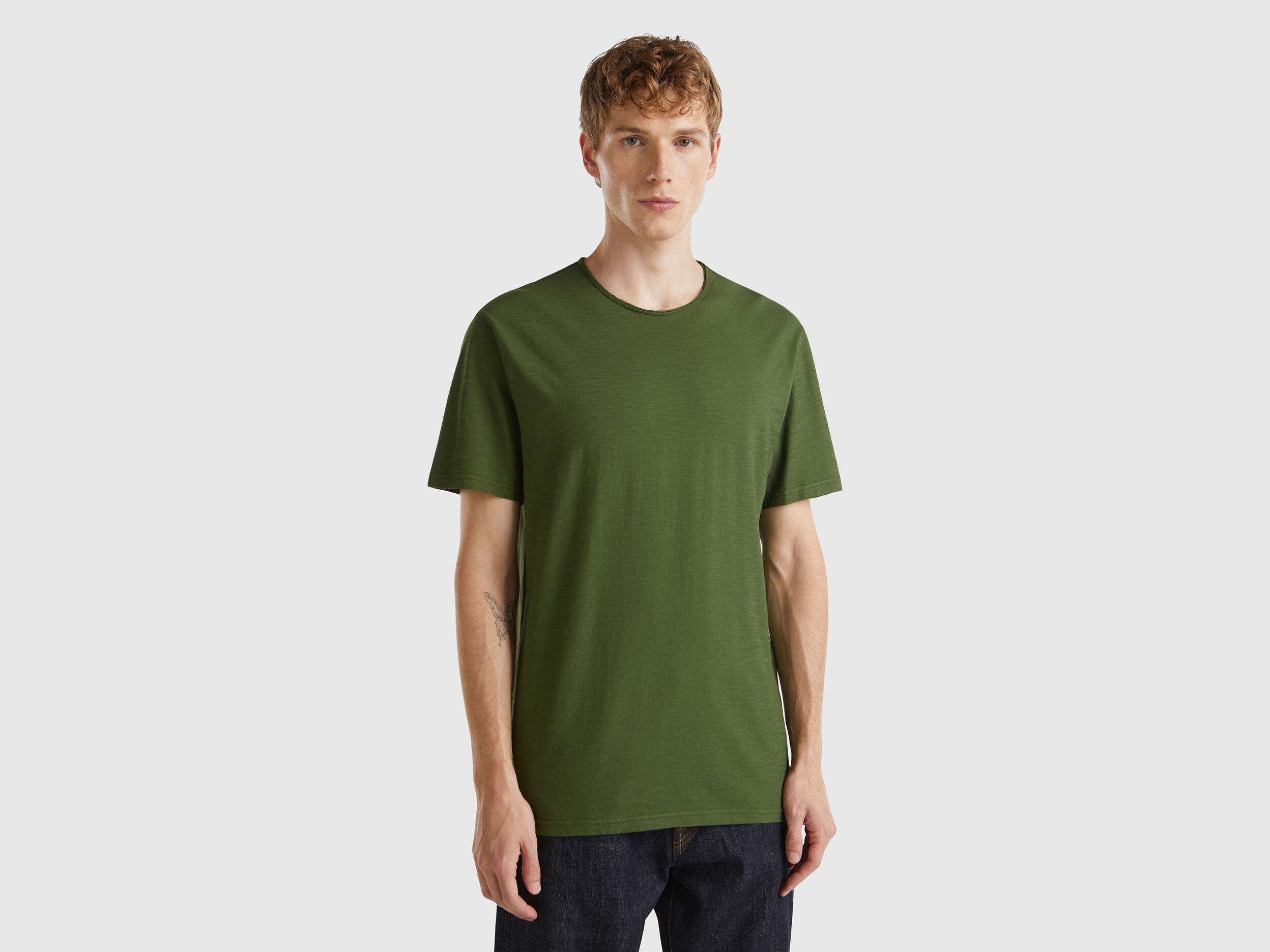 Olive green slub cotton t shirt Olive Green Benetton