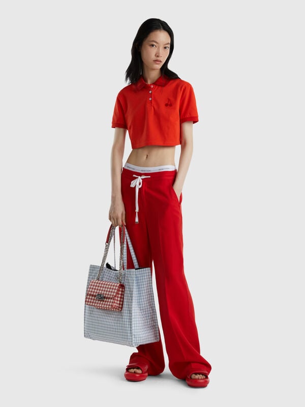 Red cropped polo with cherry embroidery Women