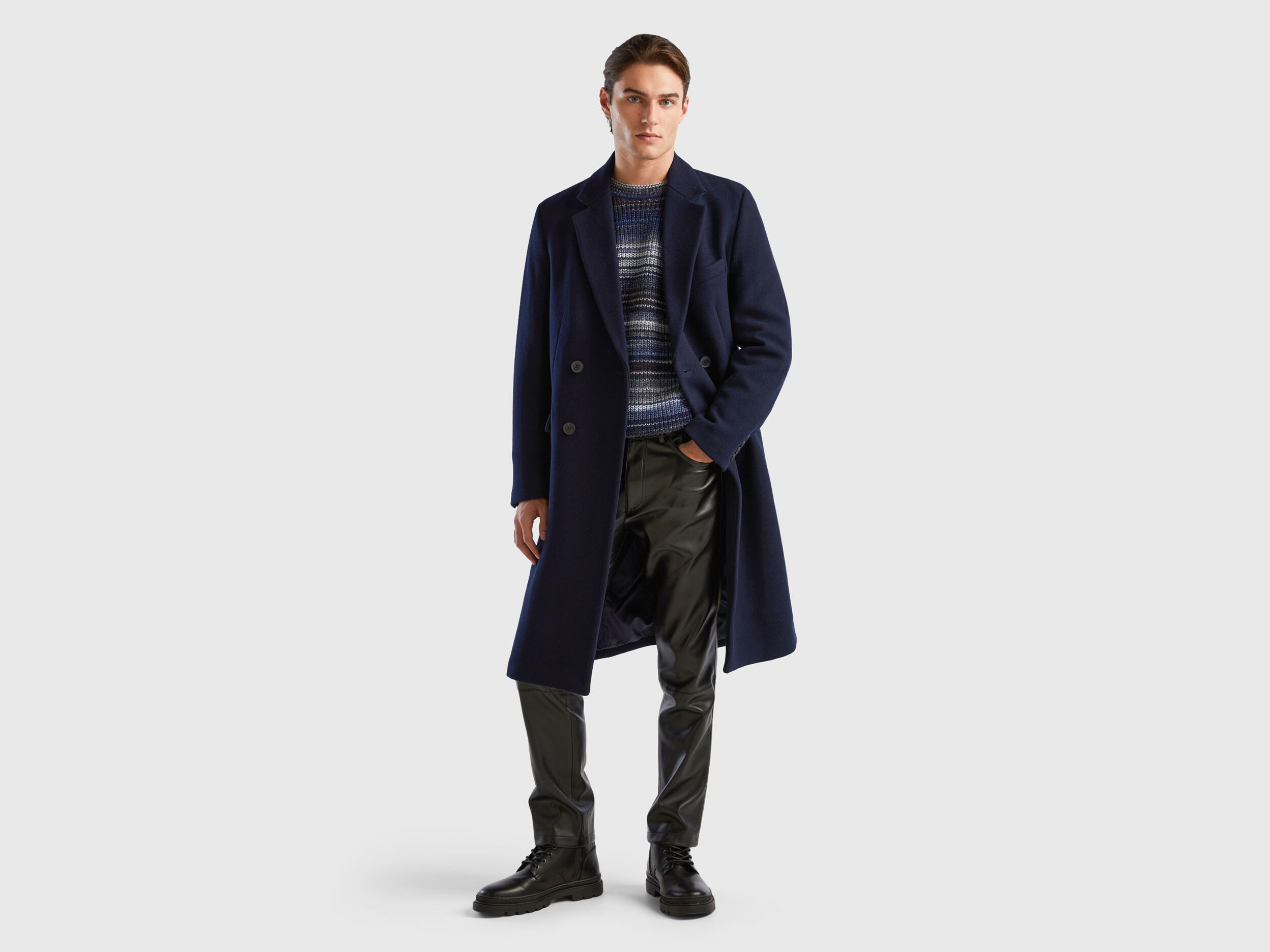 Double breasted slim fit coat Dark Blue Benetton
