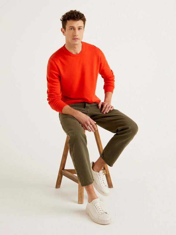 Orange crew neck sweater in pure Merino wool Men