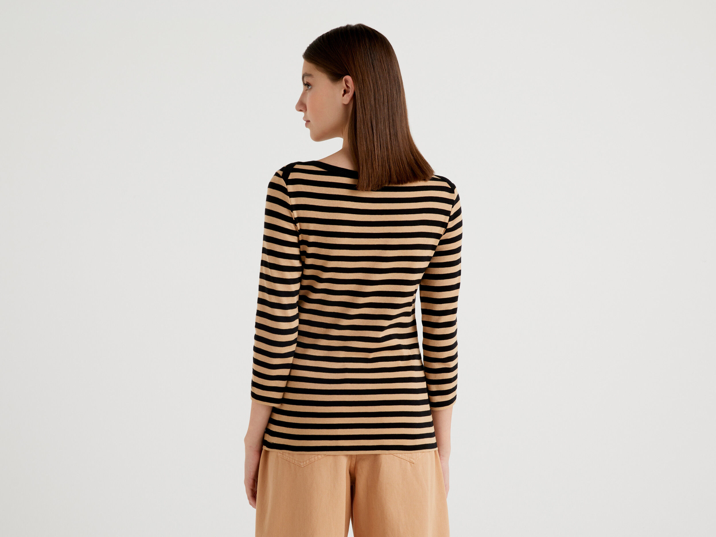 Striped 3/4 sleeve t-shirt in pure cotton - Brown | Benetton