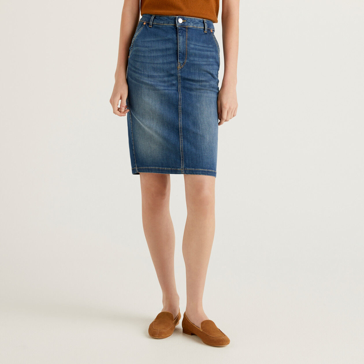 Stretch denim pencil skirt Blue Benetton