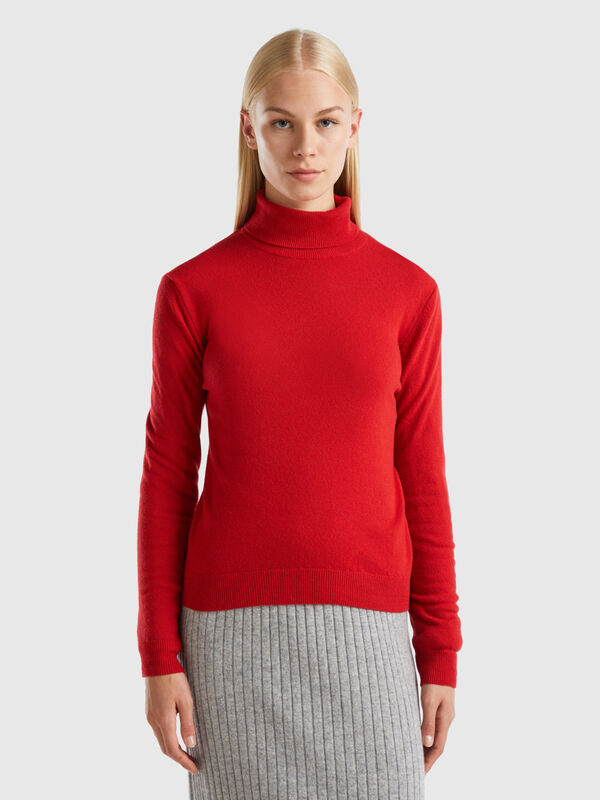 Jersey de cuello alto rojo de pura lana merina