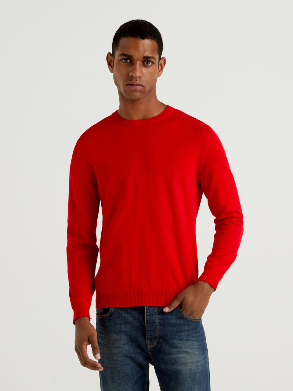 100% cotton crew neck sweater - Red | Benetton
