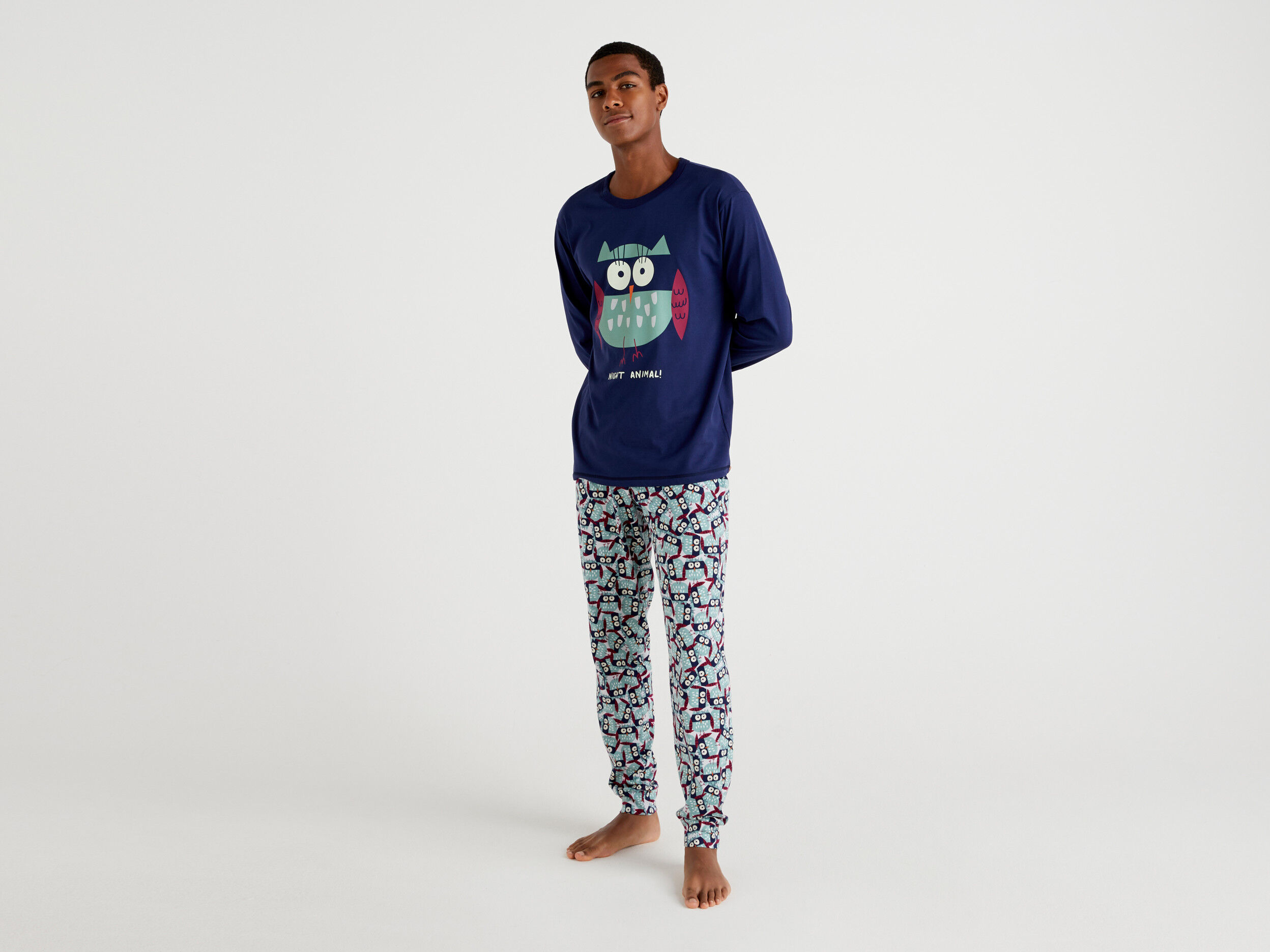 Warm pyjamas with owl print Dark Blue Benetton