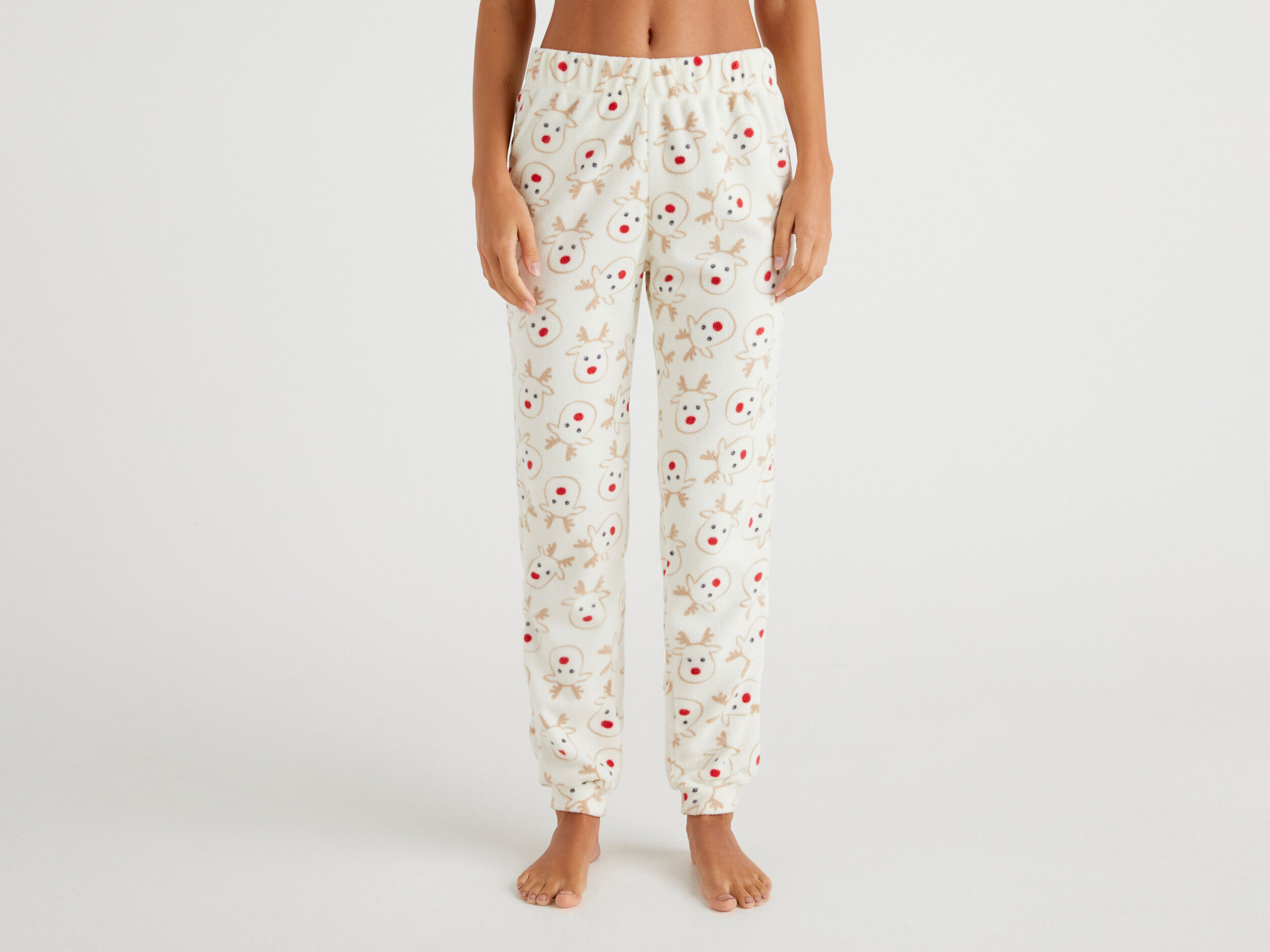 Reindeer trousers in warm fleece Creamy White Benetton