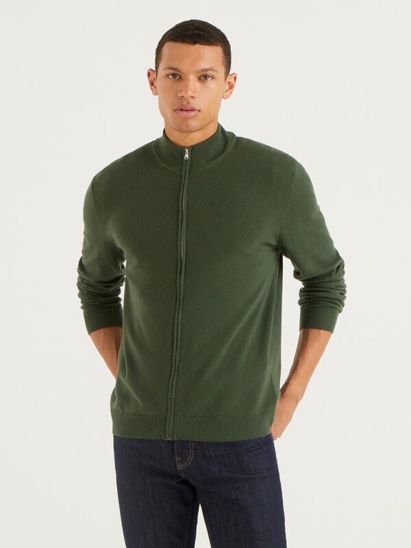 Military green zip-up cardigan in pure Merino wool Men
