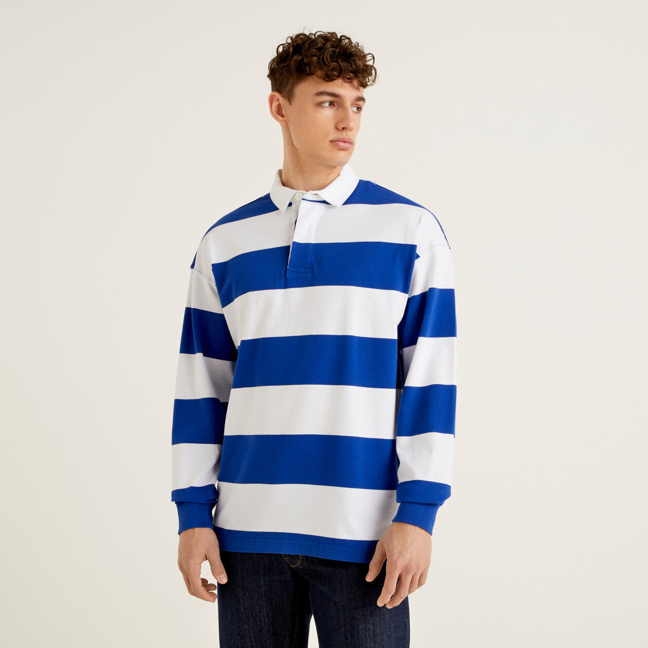 Striped rugby polo in organic cotton Bright Blue Benetton