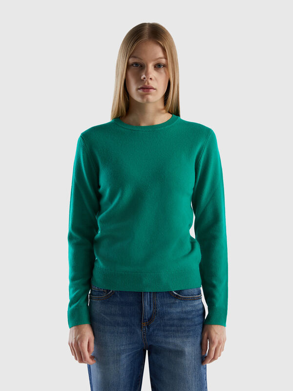 Green crew neck sweater in pure Merino wool Women