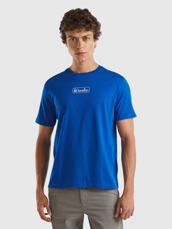 Blue organic cotton t-shirt with white logo Men