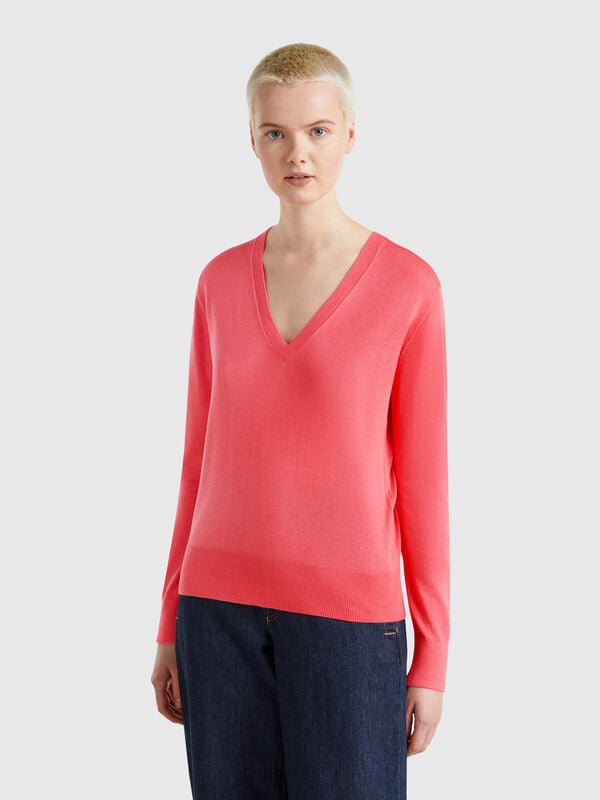 Jersey con cuello de pico en mezcla de seda Mujer