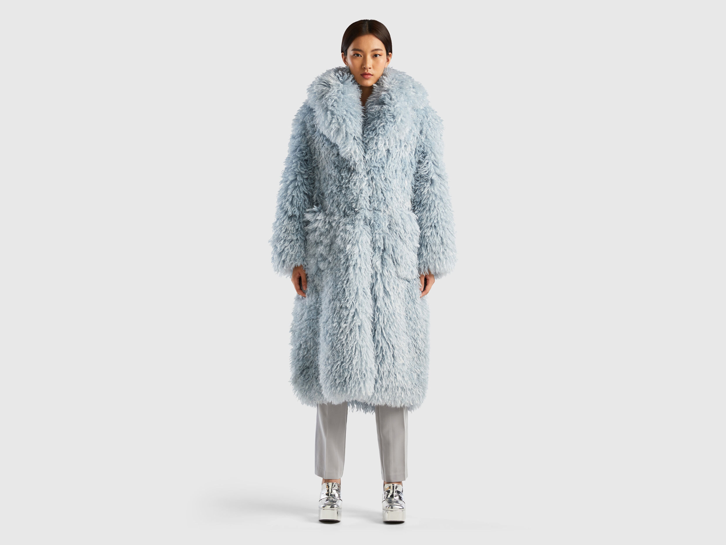 Pale blue outlet faux fur coat