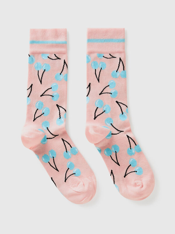 Socks with light blue cherry pattern