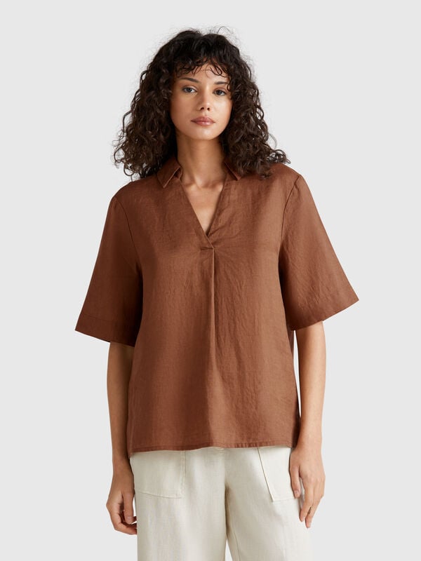 Blusa de manga corta en puro lino Mujer