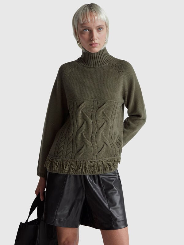 Oversized turtleneck sweater with fringe Women