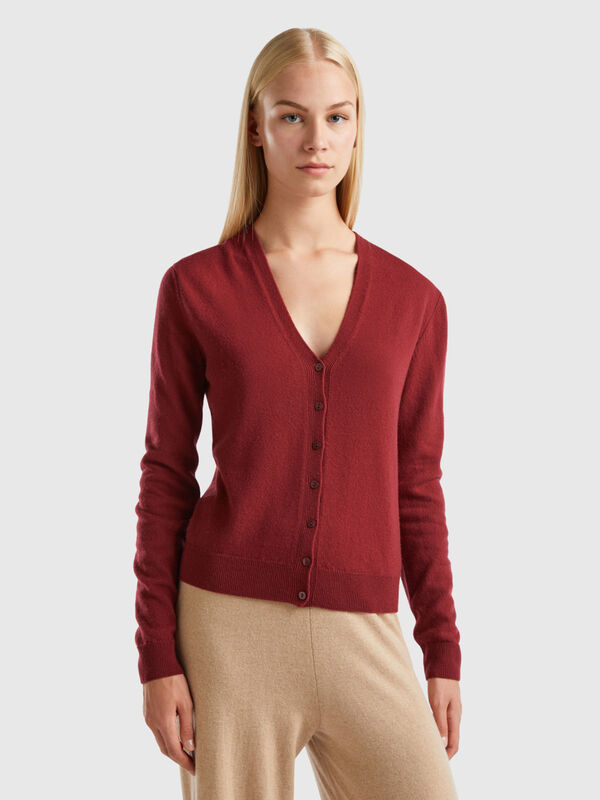 Burgundy V-neck cardigan in pure Merino wool Women