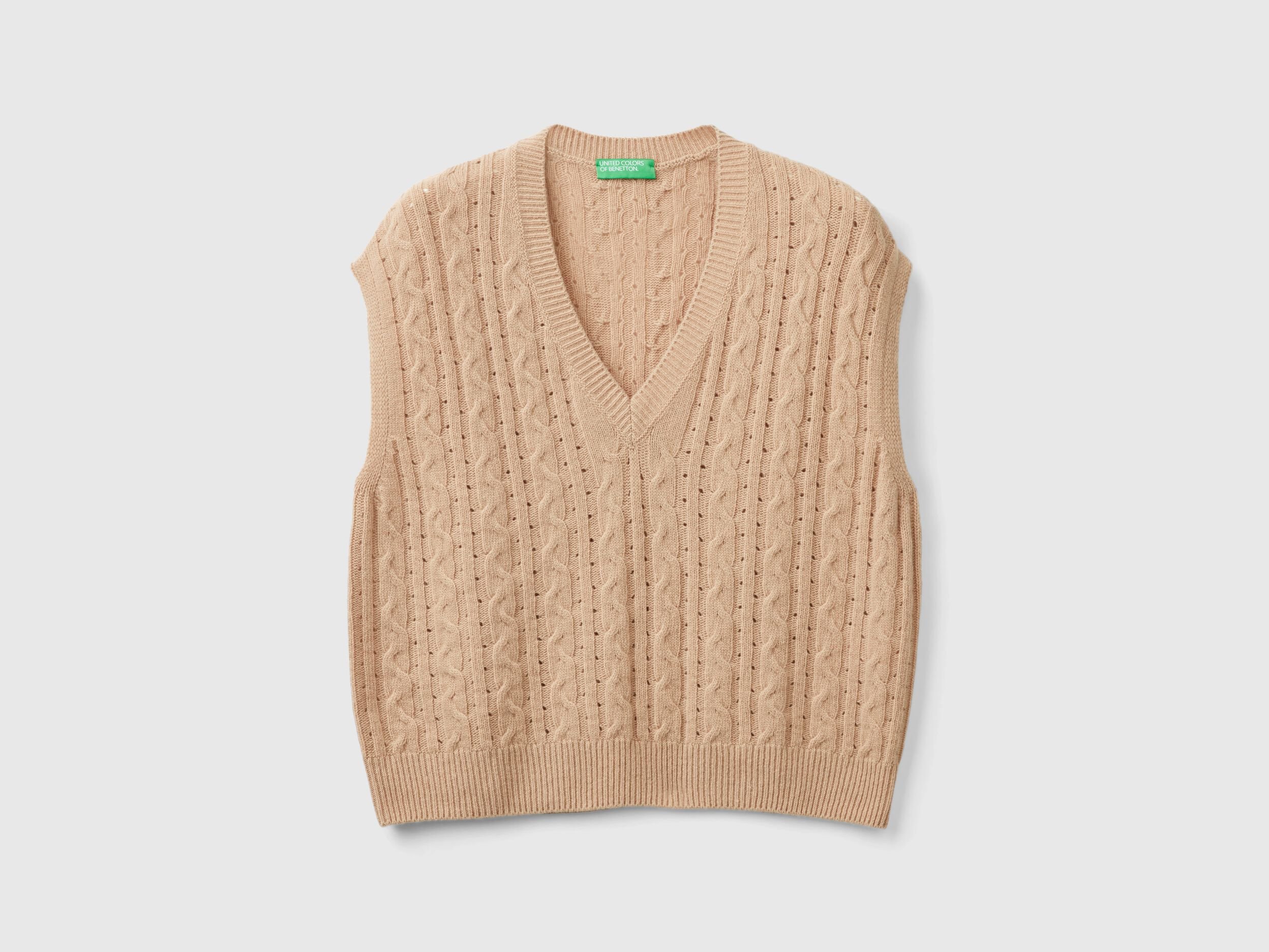 Boxy fit vest with cable knit and perforations - Camel | Benetton