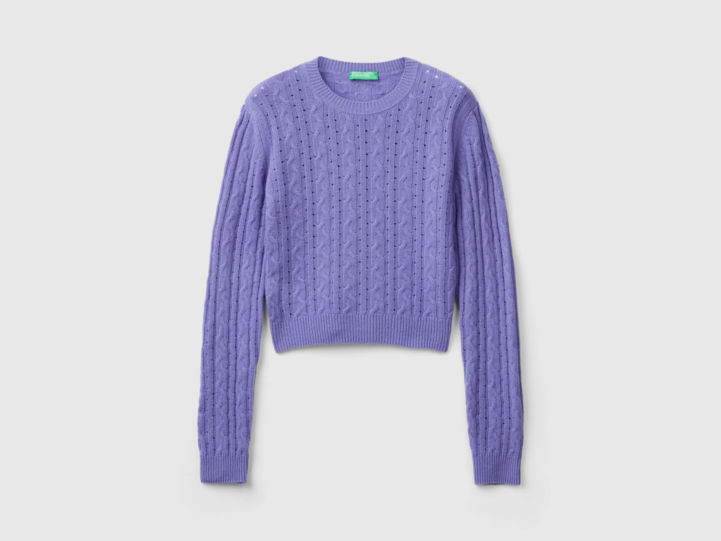 Cropped sweater with cable knit and perforations Purple Benetton