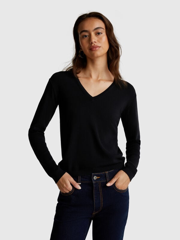 Sweater with V-neck in pure cotton Women