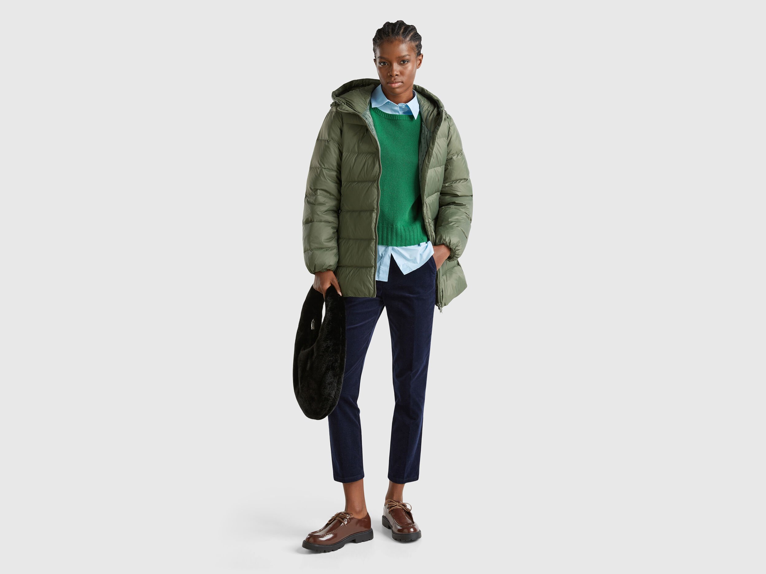 Long puffer jacket with recycled down - Military Green