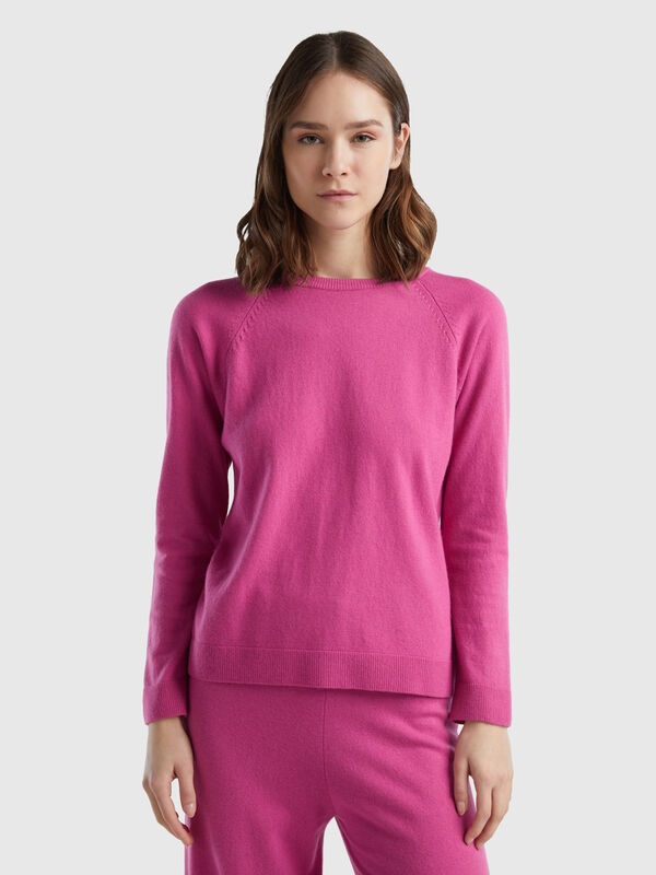 Jersey de cuello redondo rosa en mezcla de lana y cachemir Mujer