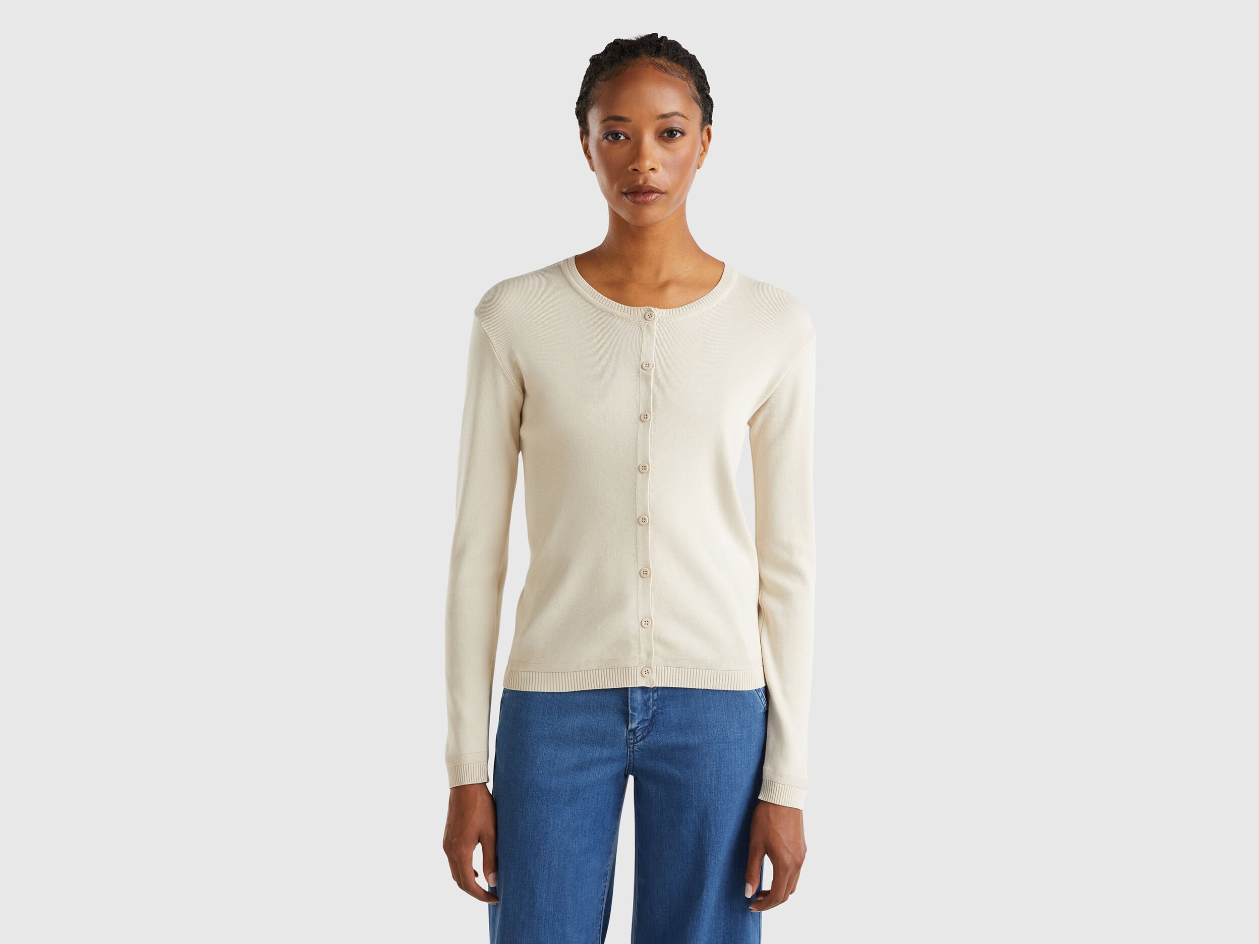 Crew neck cardigan in pure cotton Beige Benetton