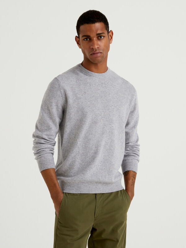 Gray crew neck sweater in pure Merino wool Men