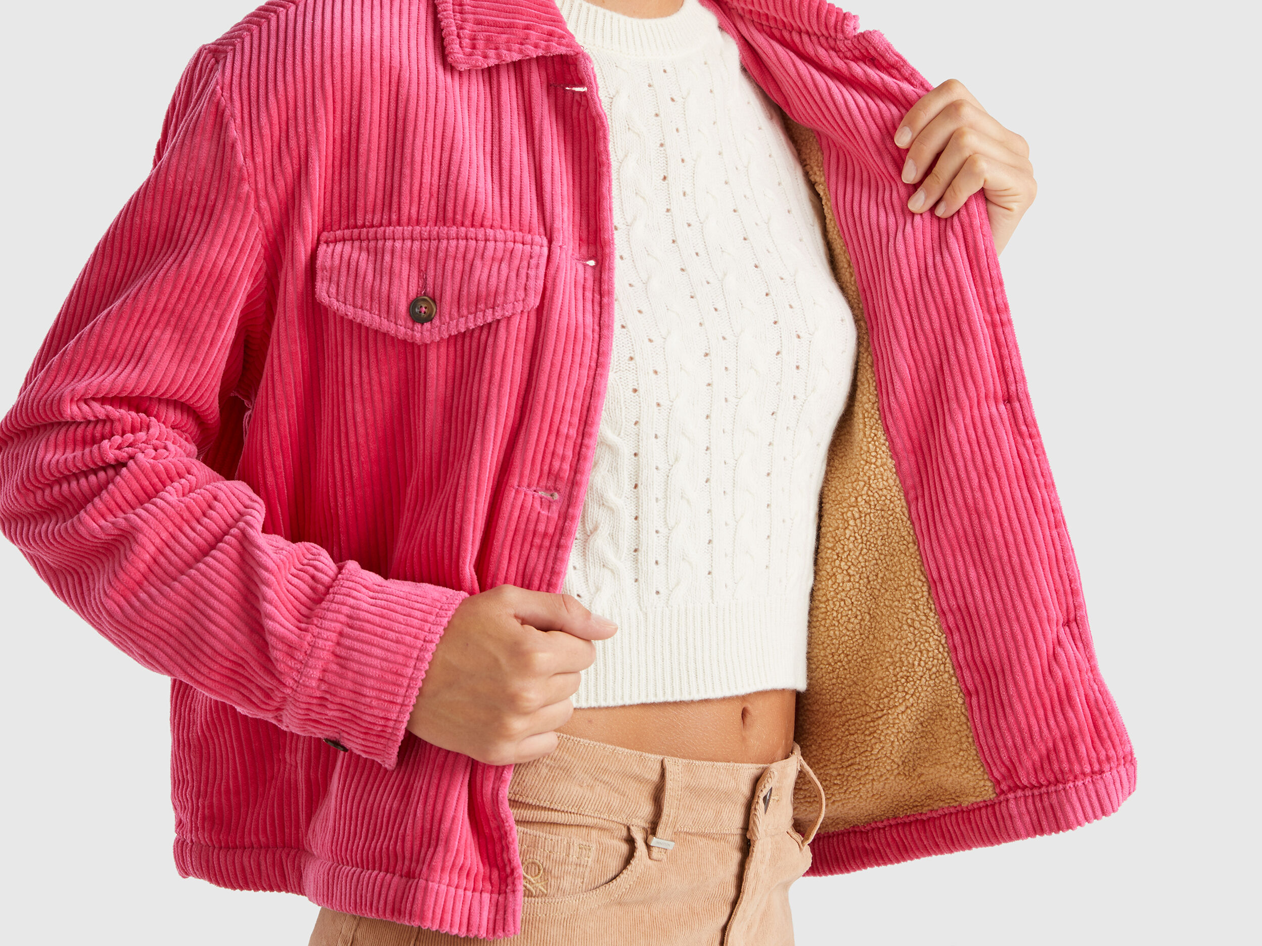 Velvet jacket with teddy lining - Fuchsia | Benetton